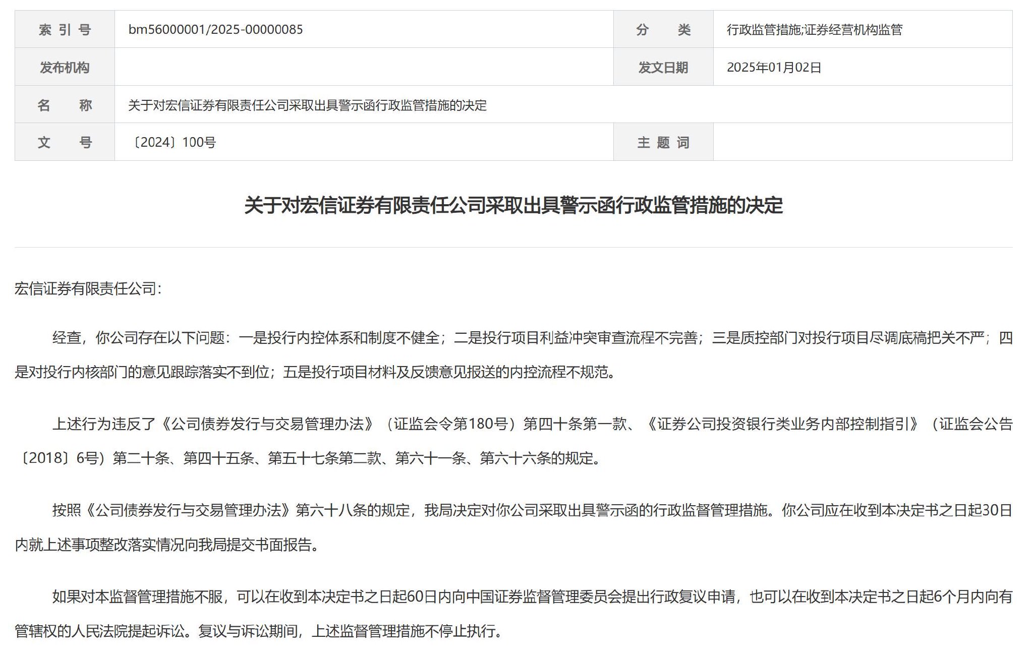 中国银河收警示函 衍生品业务内控管理不完善等